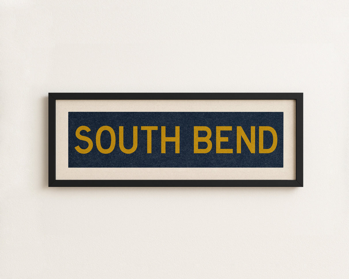 Framed South Bend Navy and Gold Bus Scroll