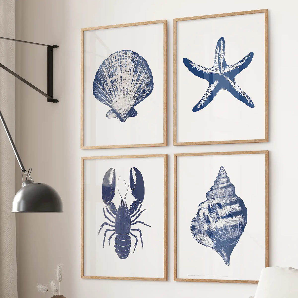 Set of 4 Art Prints. Starfish, Lobster, Seashell