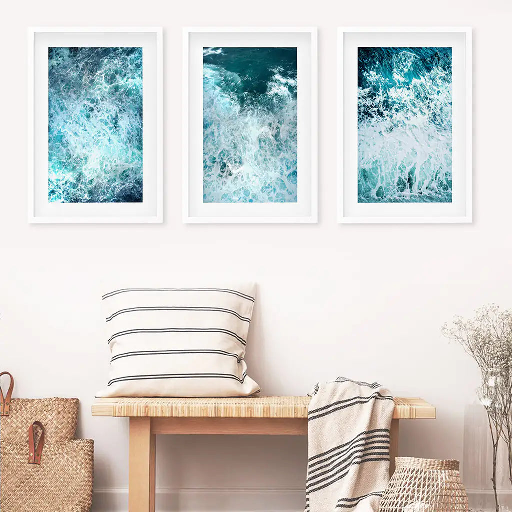 3 Piece Blue Minimalist Ocean Waves Large Wall Decor