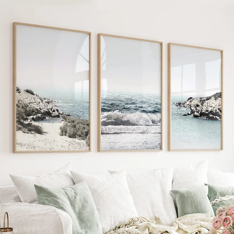 3-Piece-Coastal-Seascape-Set.-Blue-Waves,-Rocky-Beach-Wall-Art-Set