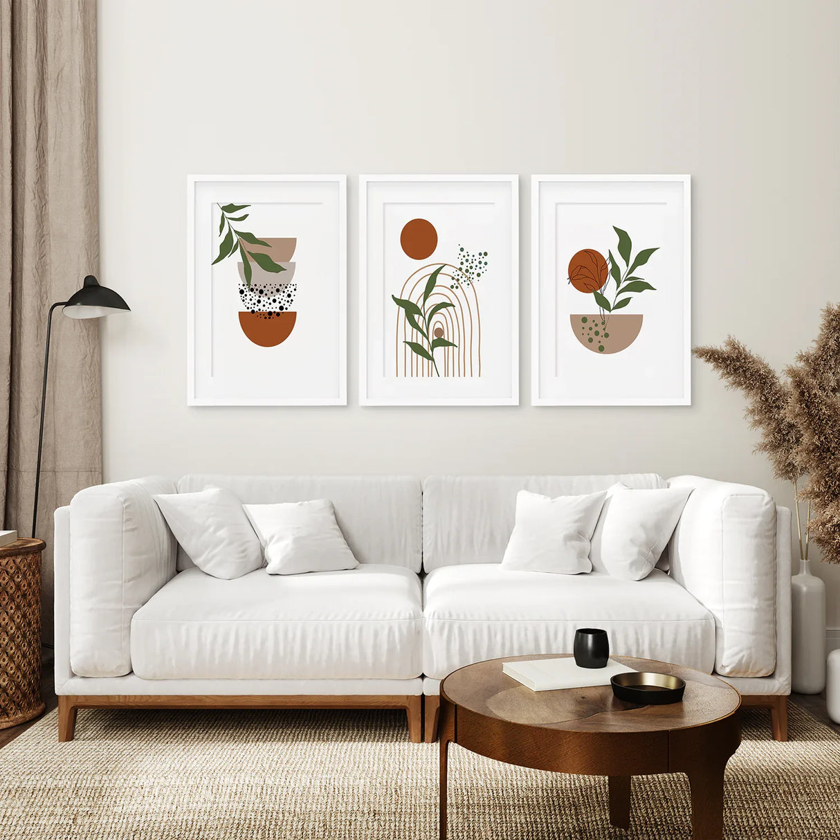 Abstract Green Leaves Wall Art Set of 3 Pieces. Earth Tones