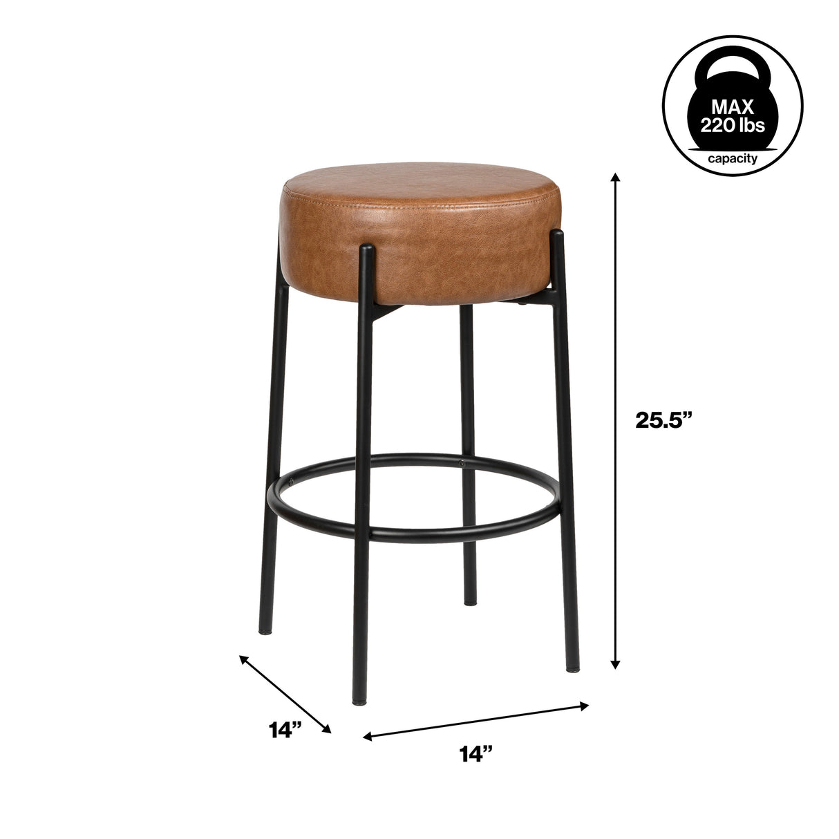 Paola Modern Minimalist Round Backless Metal/Vegan Leather Cushioned Bar Stool