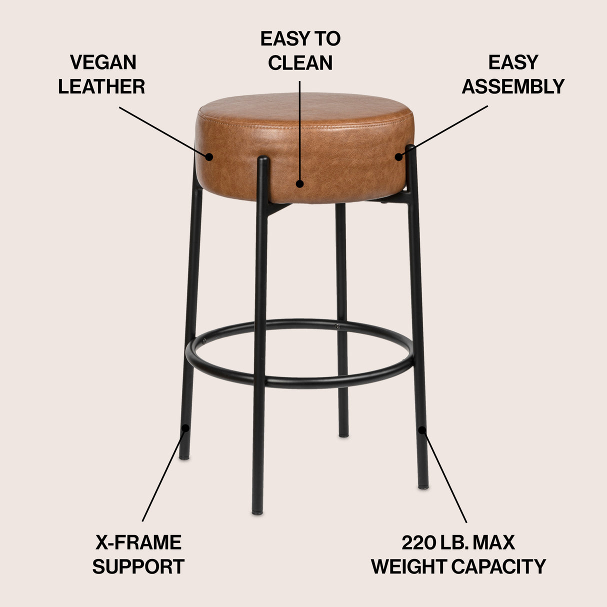 Paola Modern Minimalist Round Backless Metal/Vegan Leather Cushioned Bar Stool