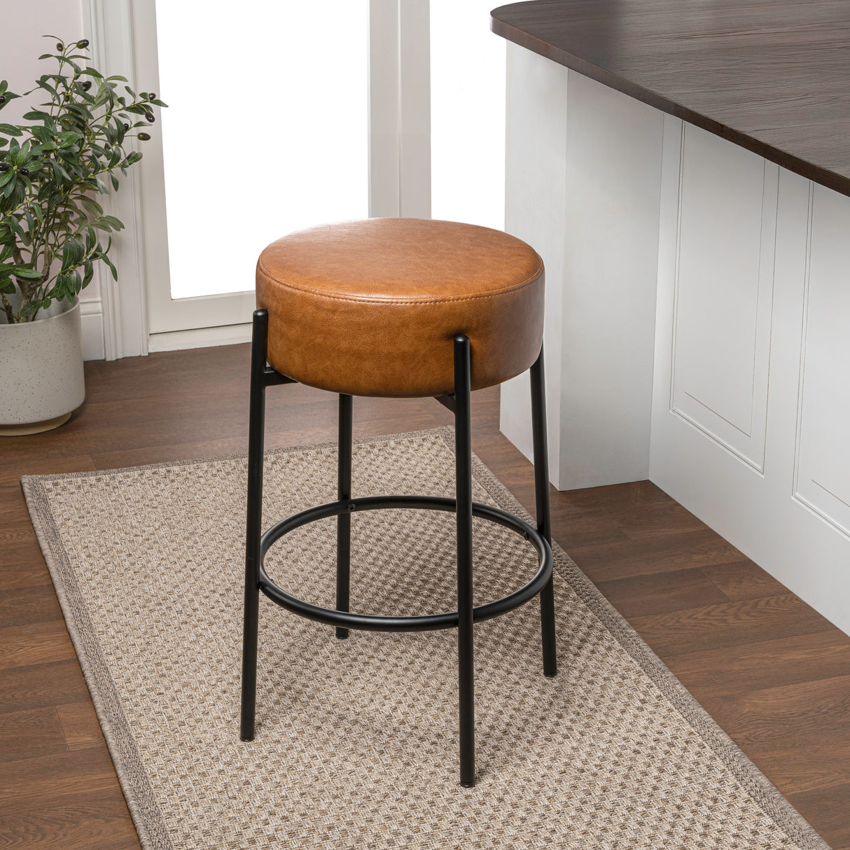 Paola Modern Minimalist Round Backless Metal/Vegan Leather Cushioned Bar Stool