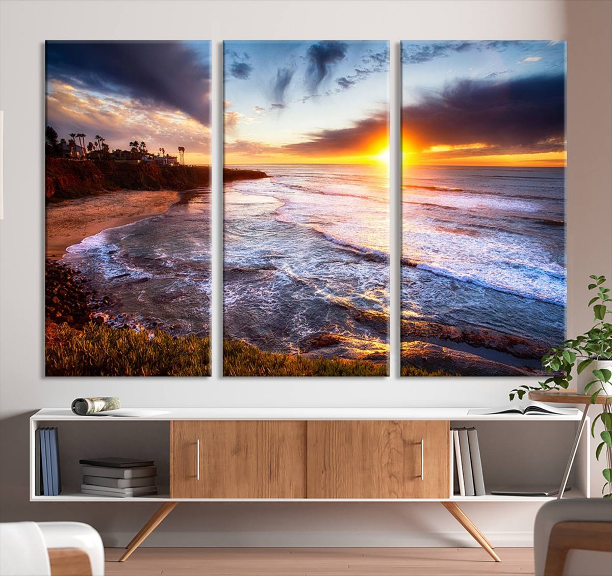 California Coastline Sunset Canvas Art for Beach House Decor