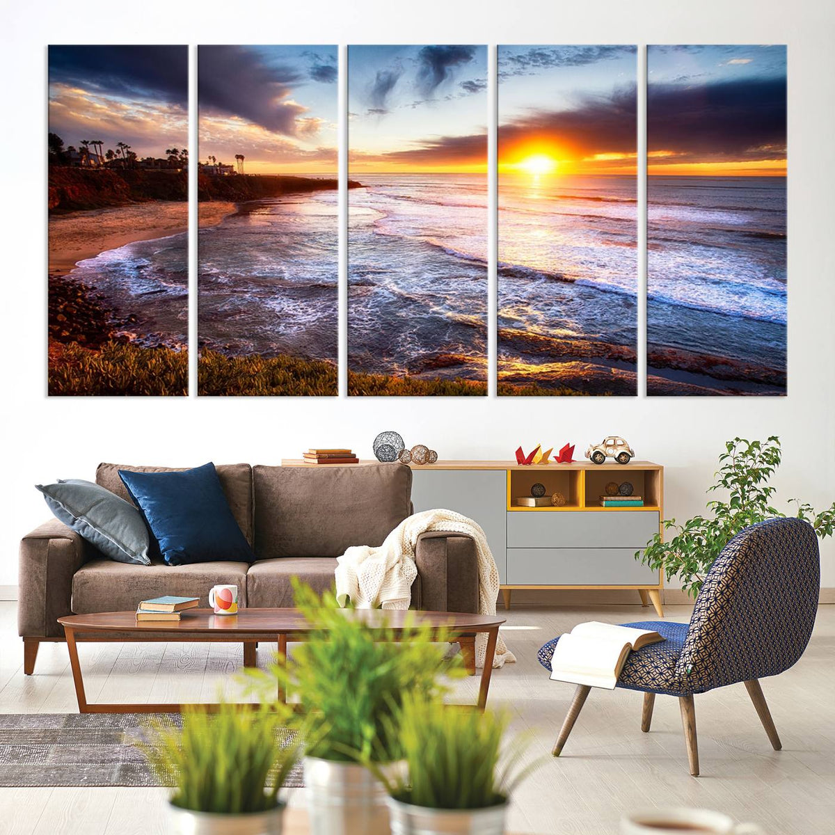 California Coastline Sunset Canvas Art for Beach House Decor