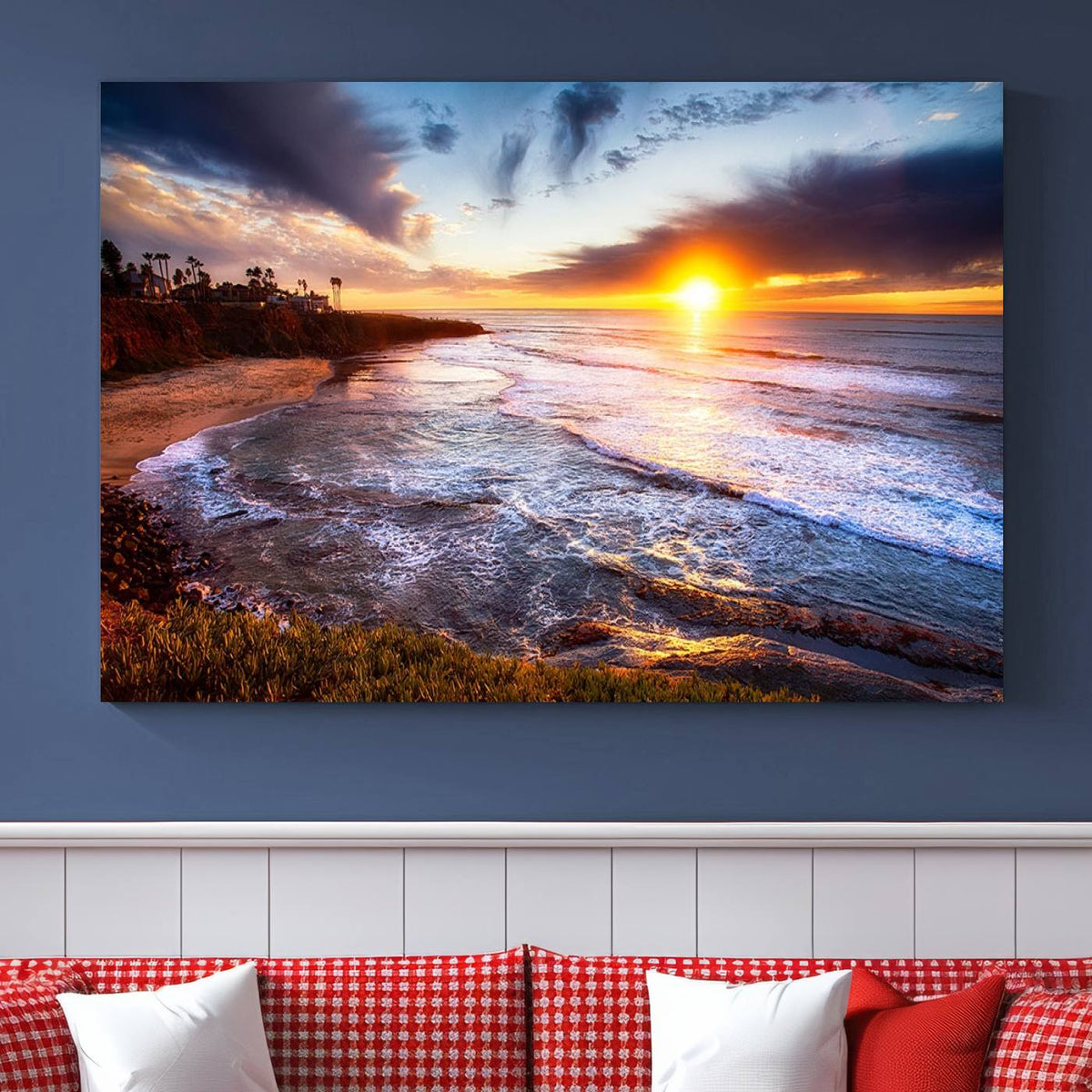 California Coastline Sunset Canvas Art for Beach House Decor