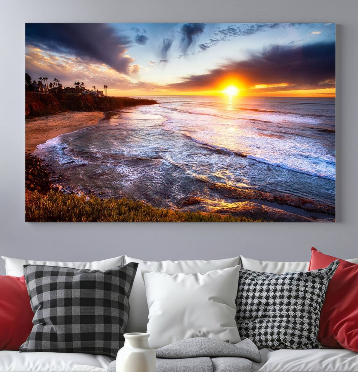 California Coastline Sunset Canvas Art for Beach House Decor