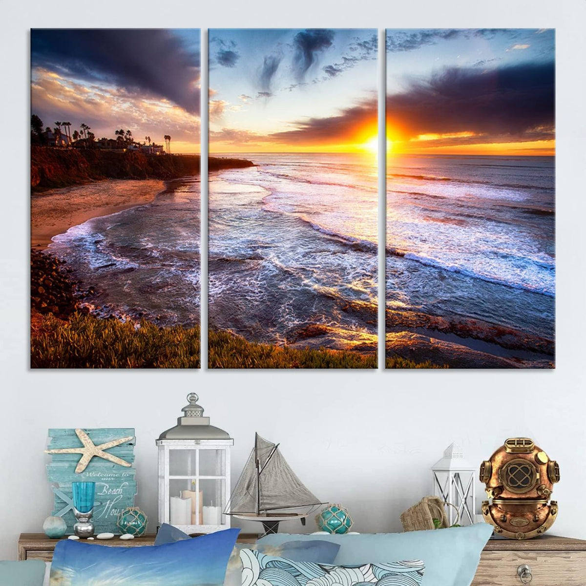 California Coastline Sunset Canvas Art for Beach House Decor