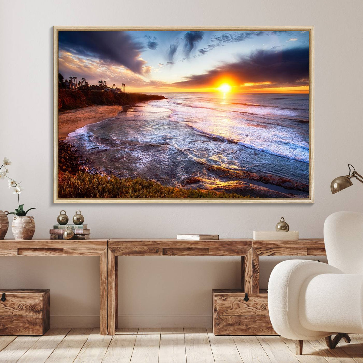 California Coastline Sunset Canvas Art for Beach House Decor