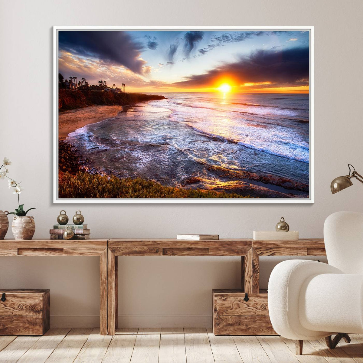 California Coastline Sunset Canvas Art for Beach House Decor