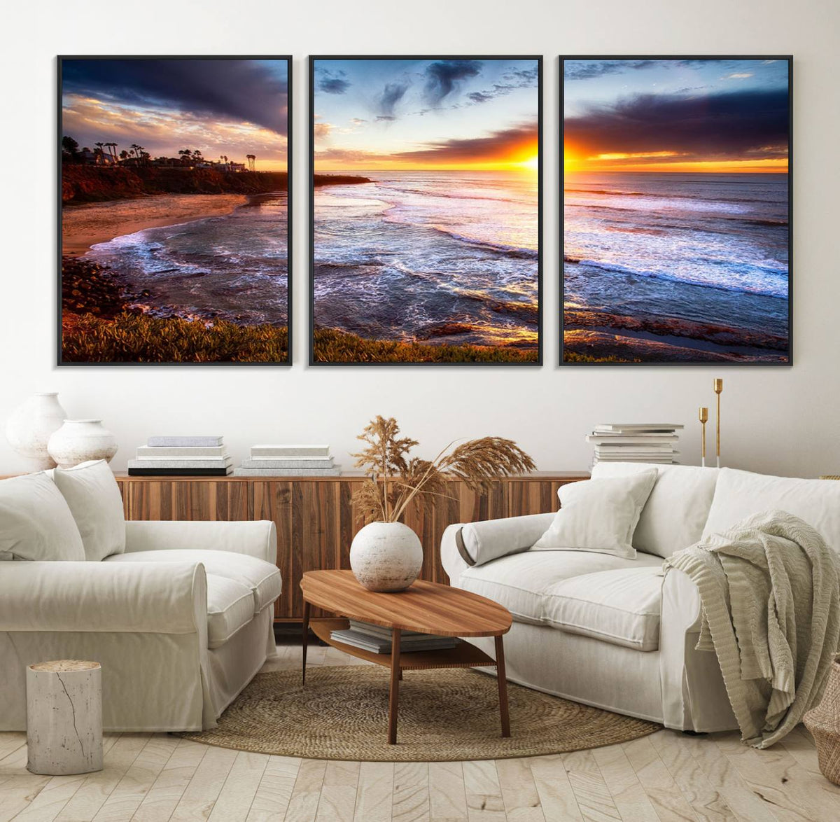California Coastline Sunset Canvas Art for Beach House Decor