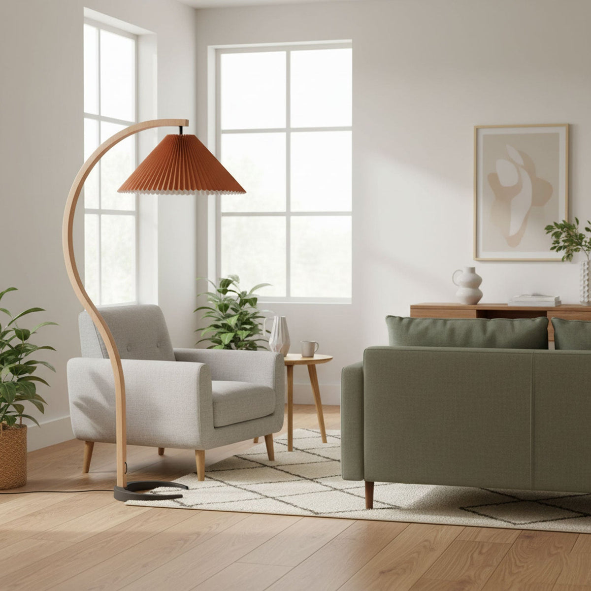 Arbora | Arc Floor Lamp with Beech Wood and Pleated Shade | Plug In Lamp for Living Room