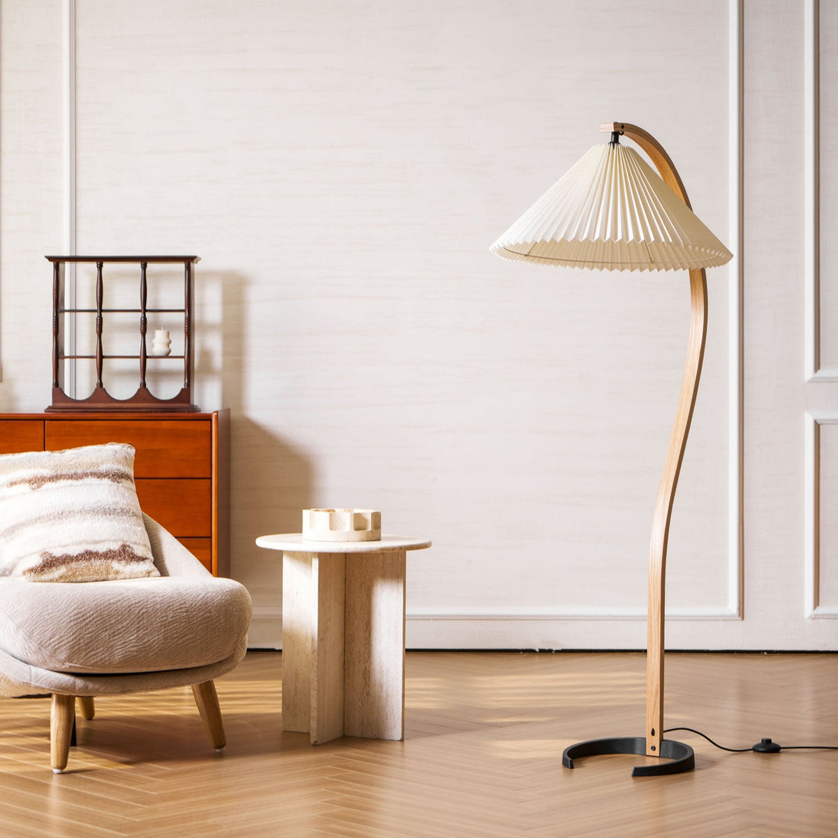 Arbora | Arc Floor Lamp with Beech Wood and Pleated Shade | Plug In Lamp for Living Room
