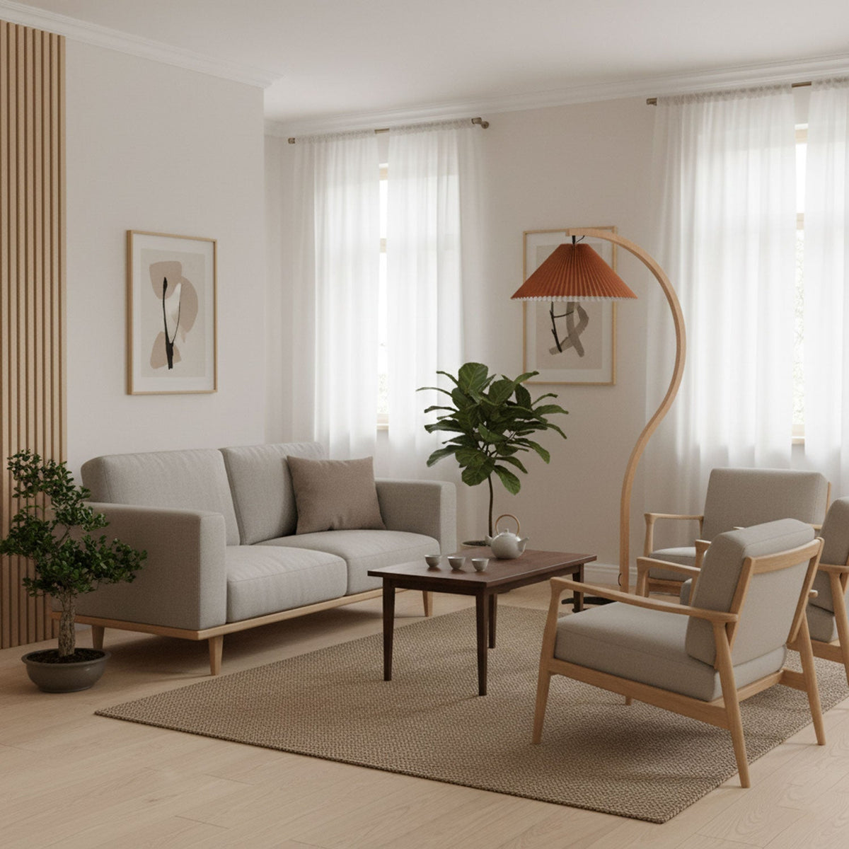 Arbora | Arc Floor Lamp with Beech Wood and Pleated Shade | Plug In Lamp for Living Room