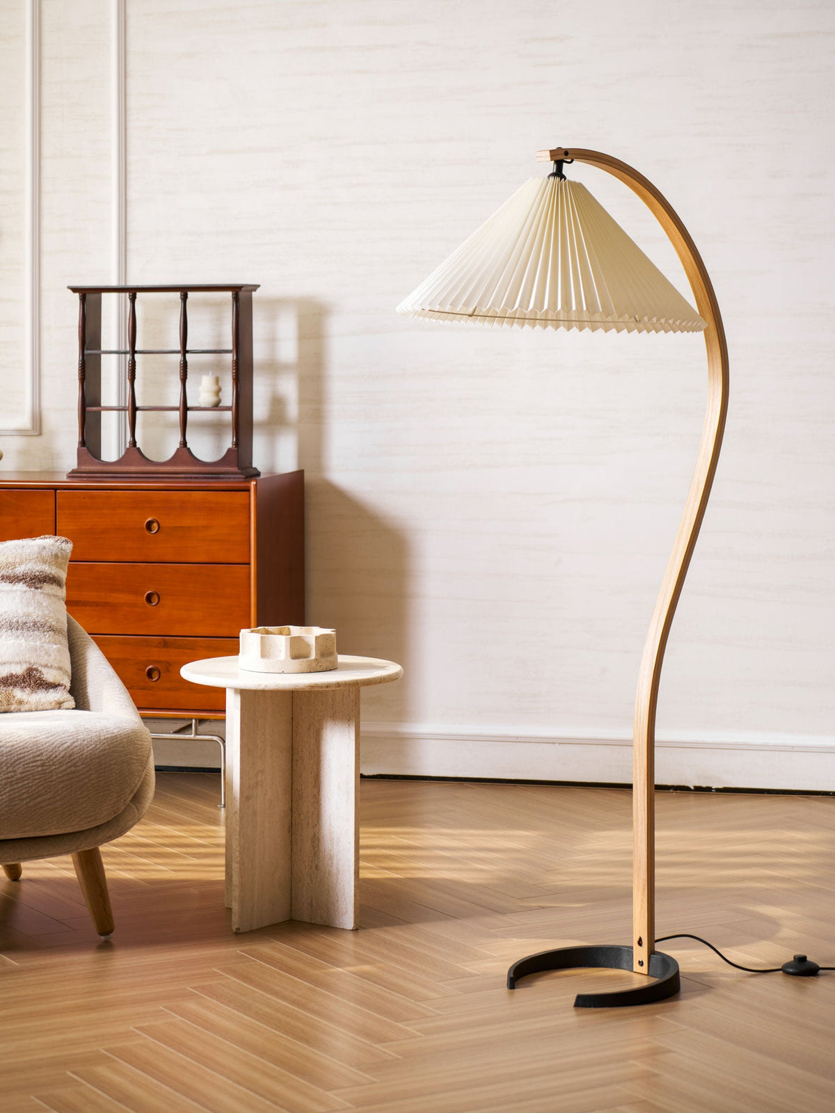 Arbora | Arc Floor Lamp with Beech Wood and Pleated Shade | Plug In Lamp for Living Room