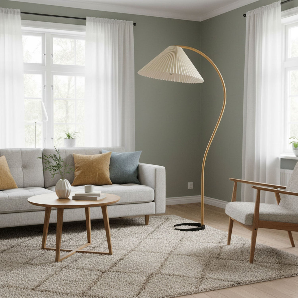 Arbora | Arc Floor Lamp with Beech Wood and Pleated Shade | Plug In Lamp for Living Room