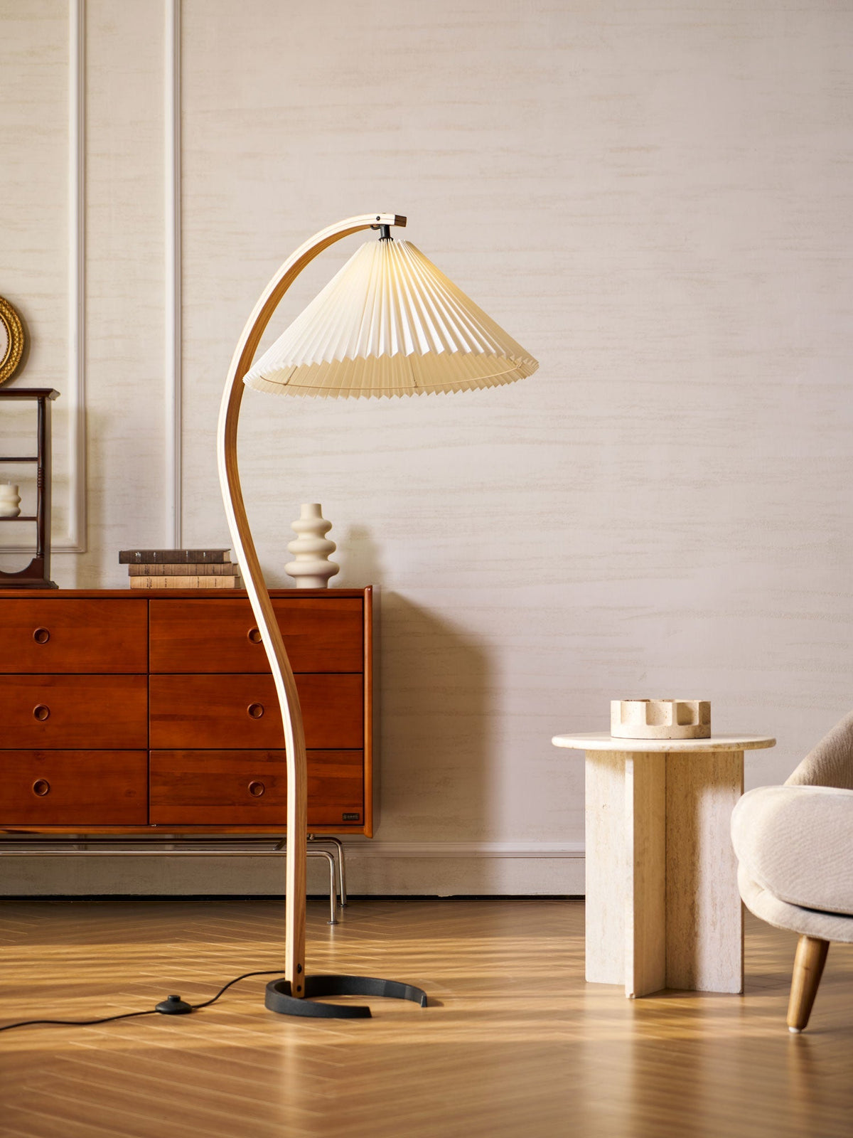 Arbora | Arc Floor Lamp with Beech Wood and Pleated Shade | Plug In Lamp for Living Room