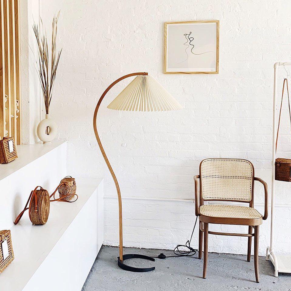 Arbora | Arc Floor Lamp with Beech Wood and Pleated Shade | Plug In Lamp for Living Room