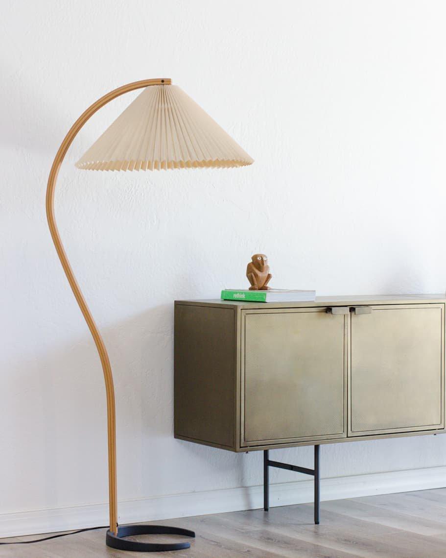 Arbora | Arc Floor Lamp with Beech Wood and Pleated Shade | Plug In Lamp for Living Room