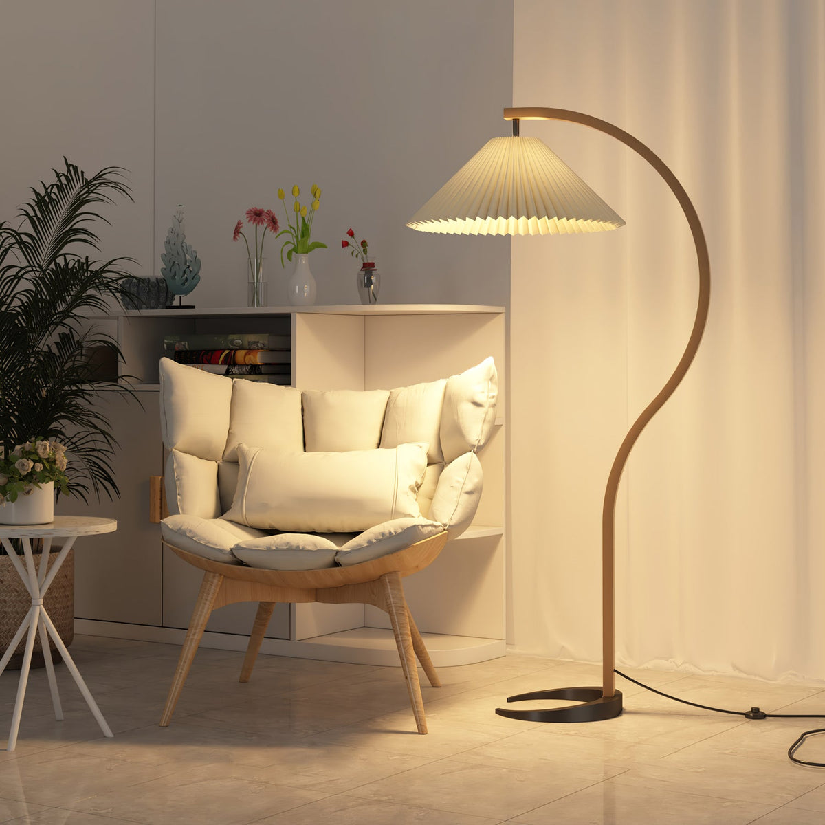 Arbora | Arc Floor Lamp with Beech Wood and Pleated Shade | Plug In Lamp for Living Room