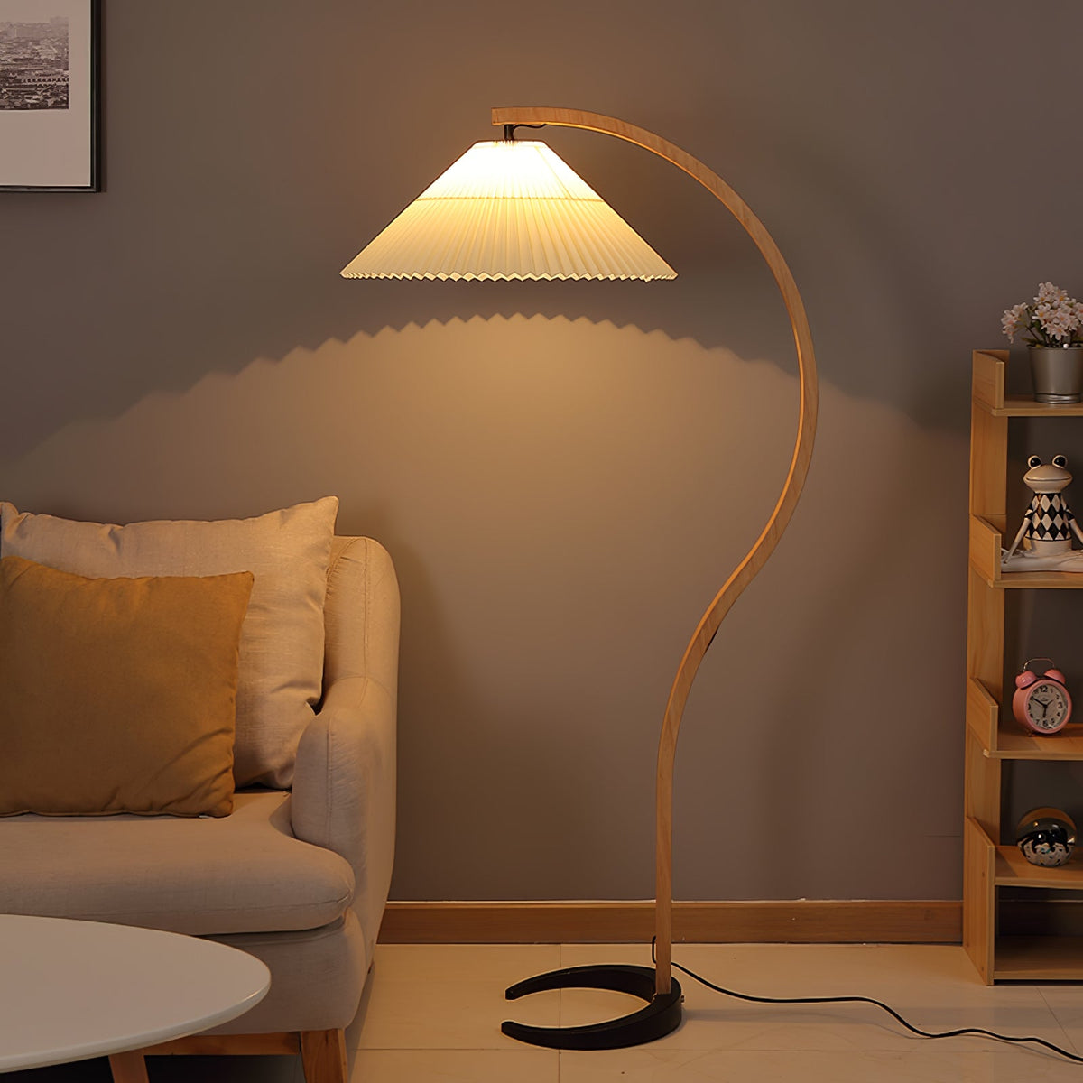 Arbora | Arc Floor Lamp with Beech Wood and Pleated Shade | Plug In Lamp for Living Room