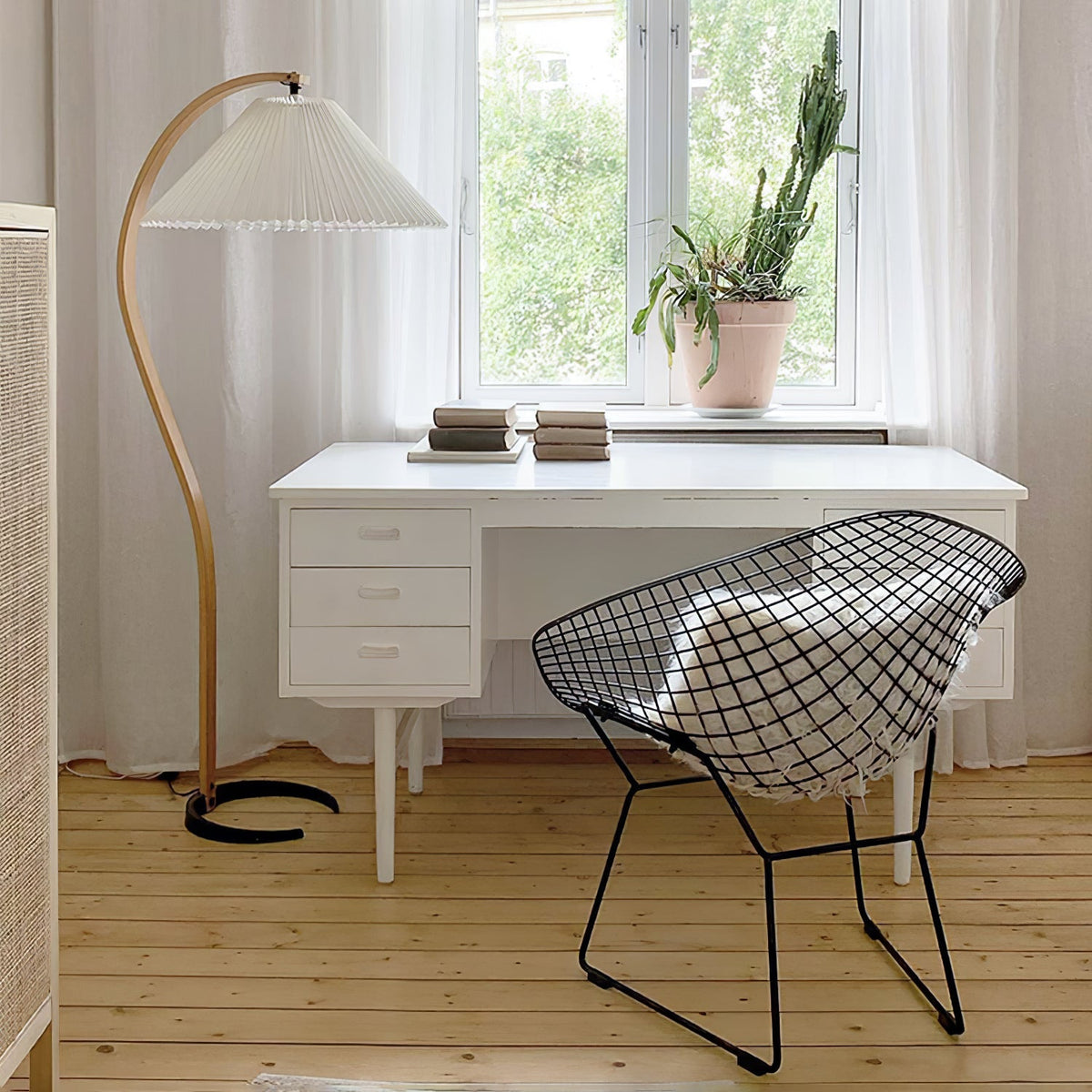 Arbora | Arc Floor Lamp with Beech Wood and Pleated Shade | Plug In Lamp for Living Room