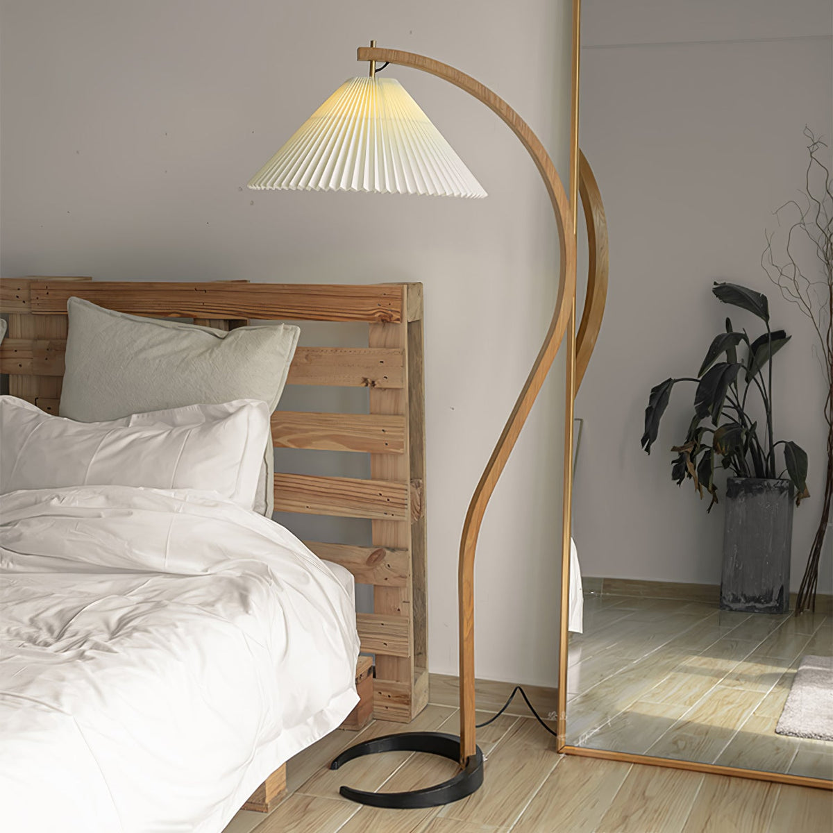 Arbora | Arc Floor Lamp with Beech Wood and Pleated Shade | Plug In Lamp for Living Room