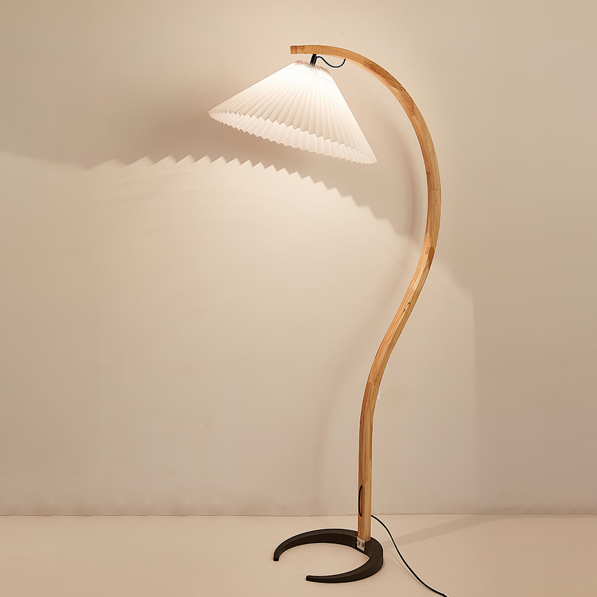 Arbora | Arc Floor Lamp with Beech Wood and Pleated Shade | Plug In Lamp for Living Room