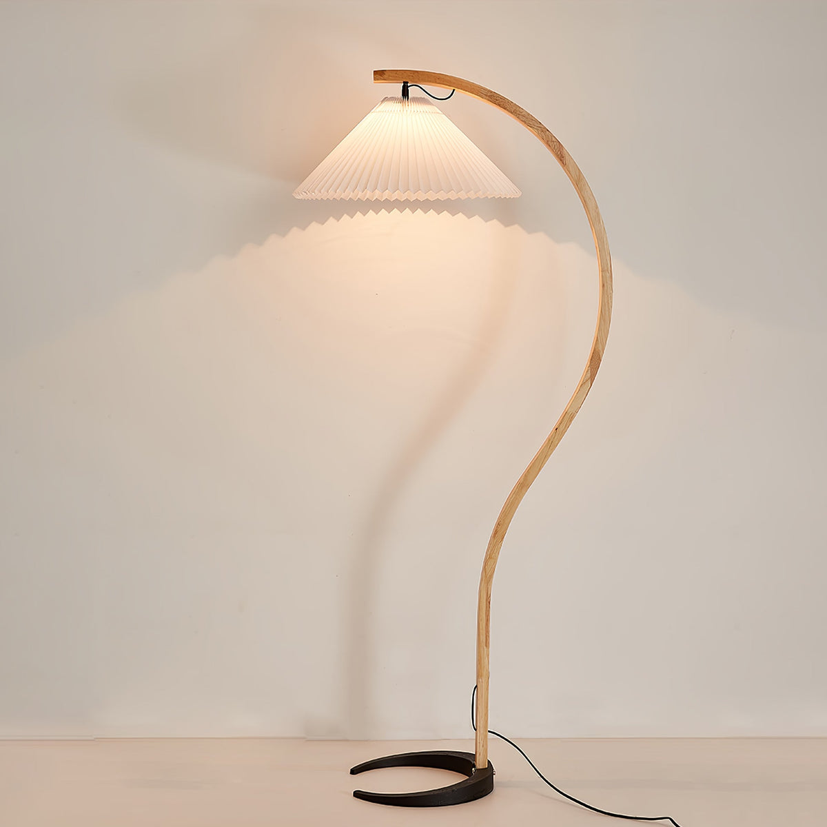 Arbora | Arc Floor Lamp with Beech Wood and Pleated Shade | Plug In Lamp for Living Room