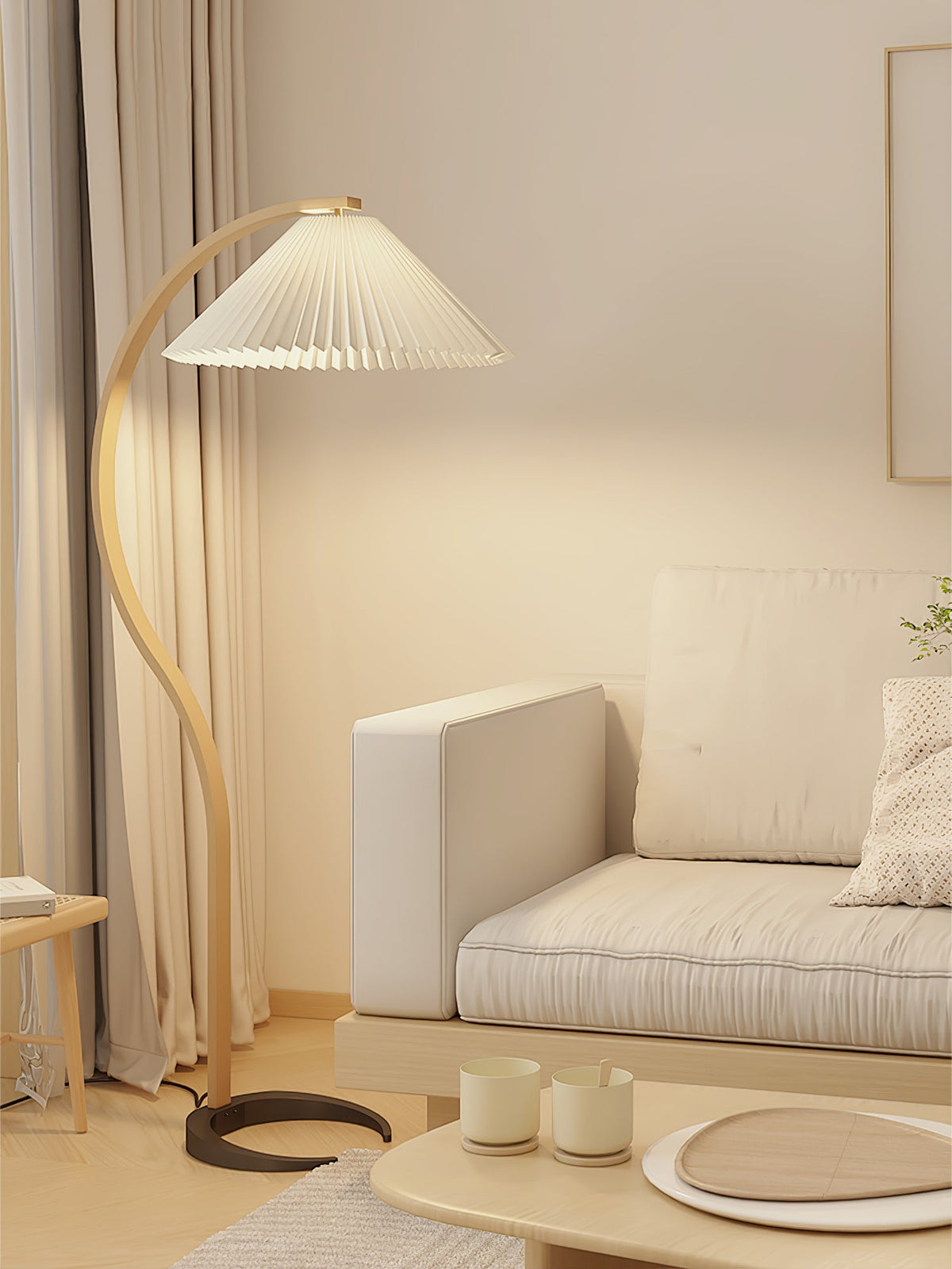 Arbora | Arc Floor Lamp with Beech Wood and Pleated Shade | Plug In Lamp for Living Room