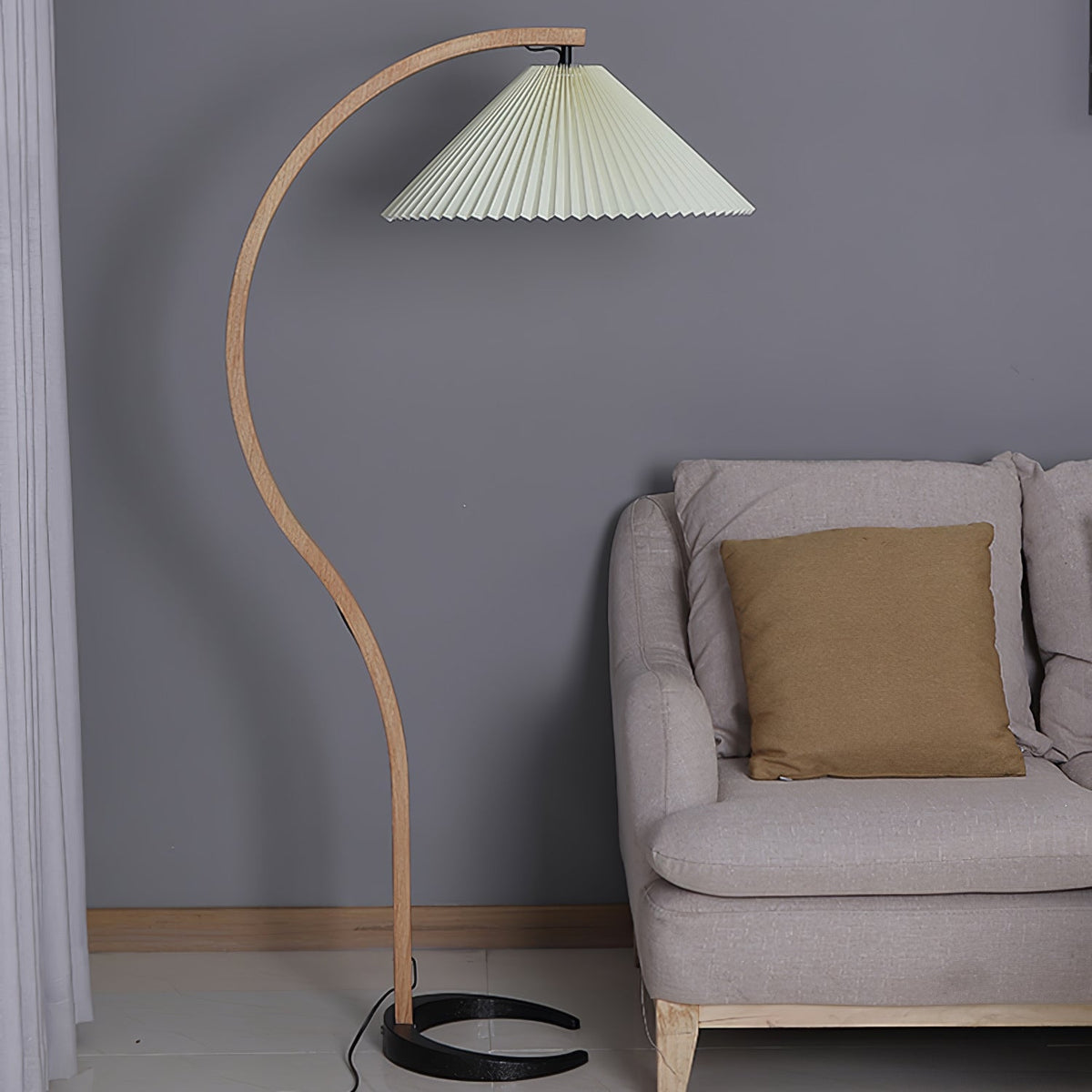 Arbora | Arc Floor Lamp with Beech Wood and Pleated Shade | Plug In Lamp for Living Room