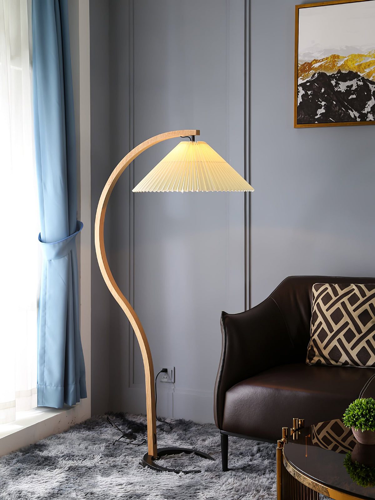 Arbora | Arc Floor Lamp with Beech Wood and Pleated Shade | Plug In Lamp for Living Room
