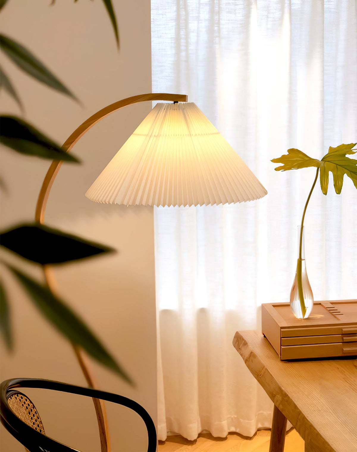 Arbora | Arc Floor Lamp with Beech Wood and Pleated Shade | Plug In Lamp for Living Room
