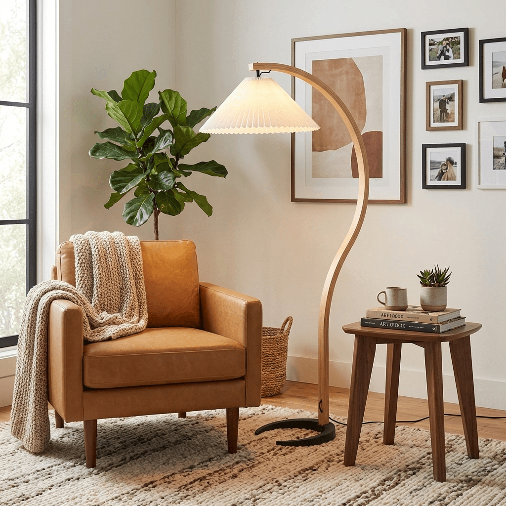 Arbora | Arc Floor Lamp with Beech Wood and Pleated Shade | Plug In Lamp for Living Room