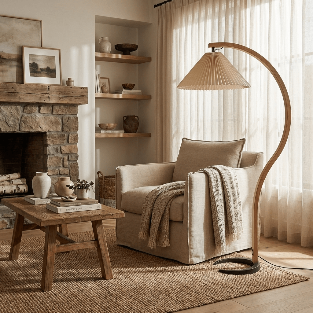 Arbora | Arc Floor Lamp with Beech Wood and Pleated Shade | Plug In Lamp for Living Room