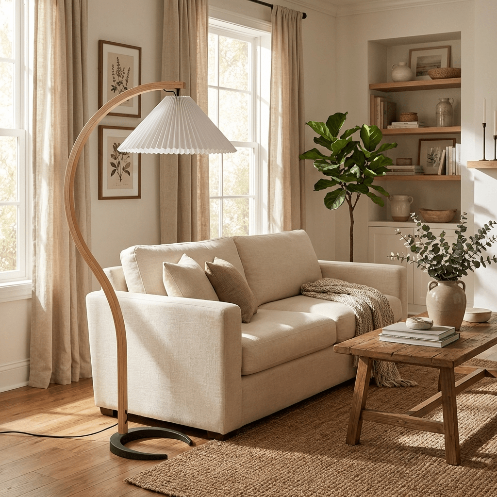 Arbora | Arc Floor Lamp with Beech Wood and Pleated Shade | Plug In Lamp for Living Room