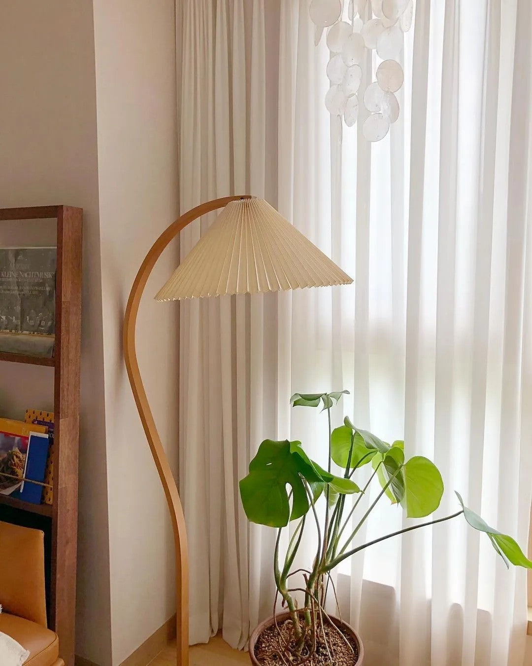 Arbora | Arc Floor Lamp with Beech Wood and Pleated Shade | Plug In Lamp for Living Room