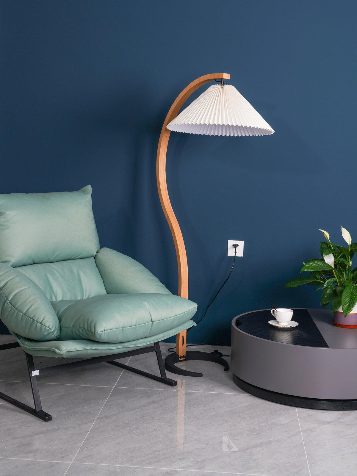 Arbora | Arc Floor Lamp with Beech Wood and Pleated Shade | Plug In Lamp for Living Room