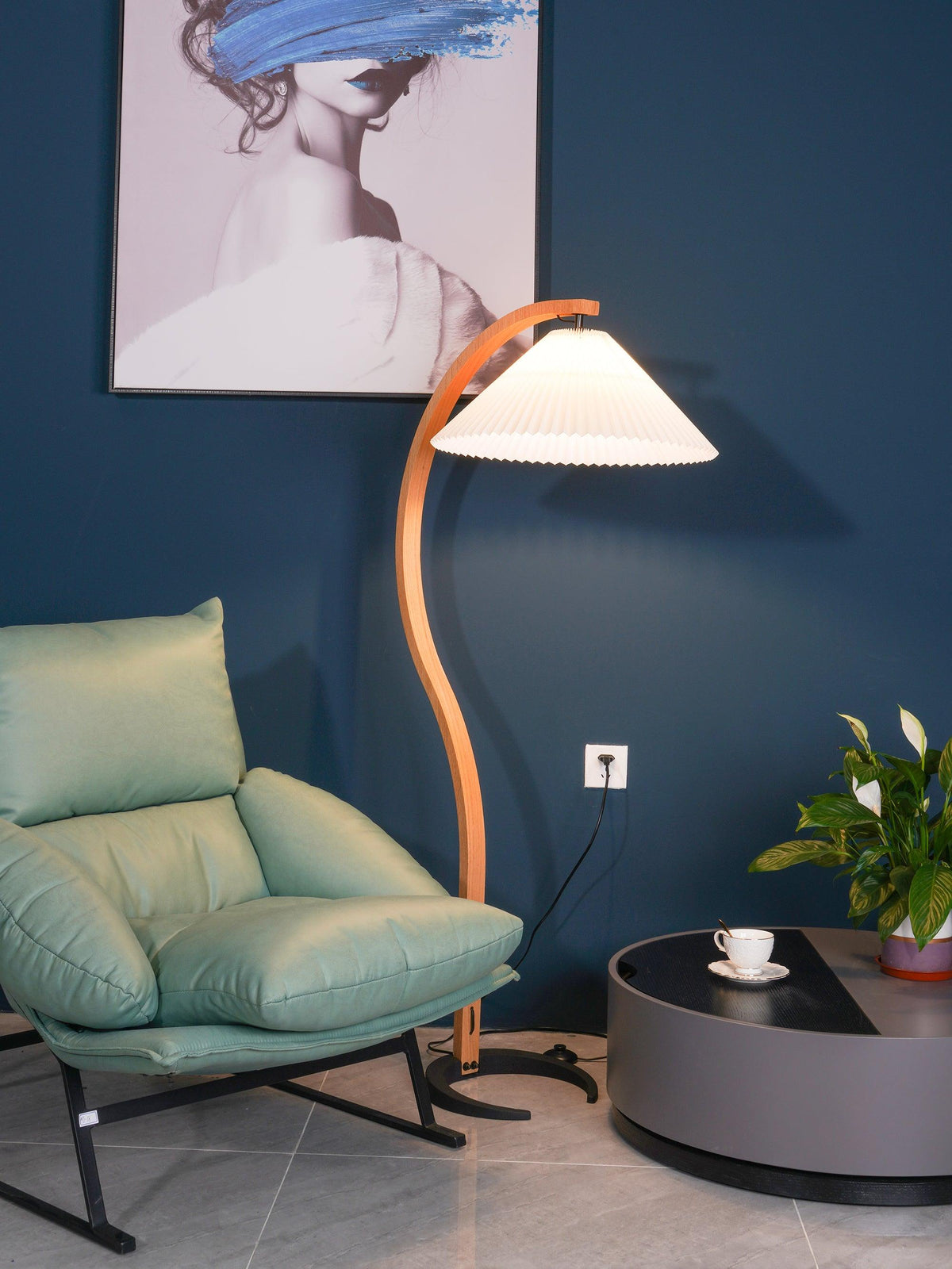 Arbora | Arc Floor Lamp with Beech Wood and Pleated Shade | Plug In Lamp for Living Room