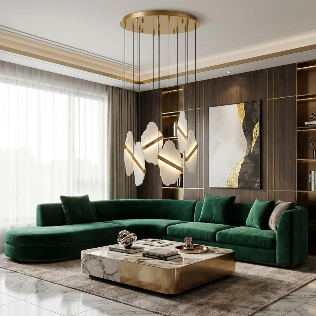 Cascading Alabaster Chandelier LED Gold Modern Staircase Light