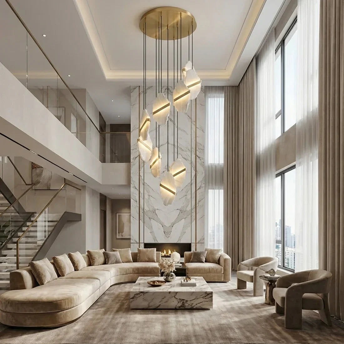 Cascading Alabaster Chandelier LED Gold Modern Staircase Light
