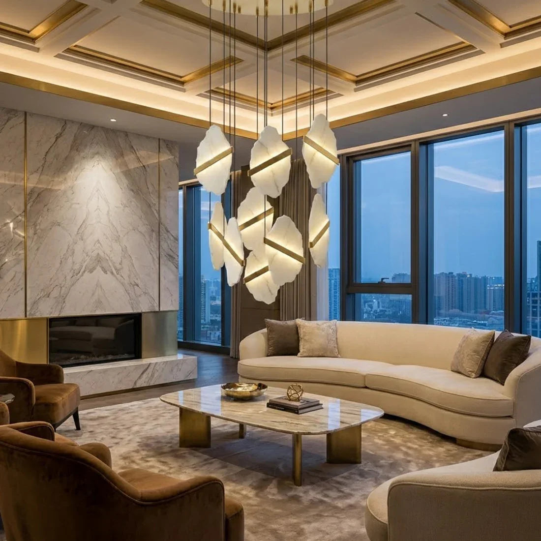 Cascading Alabaster Chandelier LED Gold Modern Staircase Light