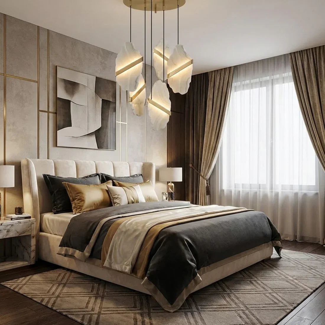 Cascading Alabaster Chandelier LED Gold Modern Staircase Light