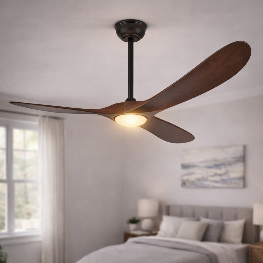 52 Inch Walnut Ceiling Fan with LED Light 3-Blade DC Remote