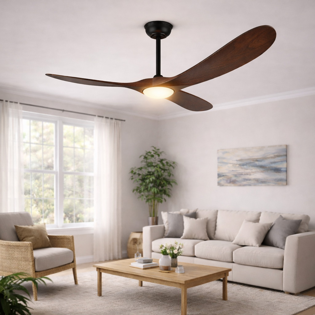 52 Inch Walnut Ceiling Fan with LED Light 3-Blade DC Remote