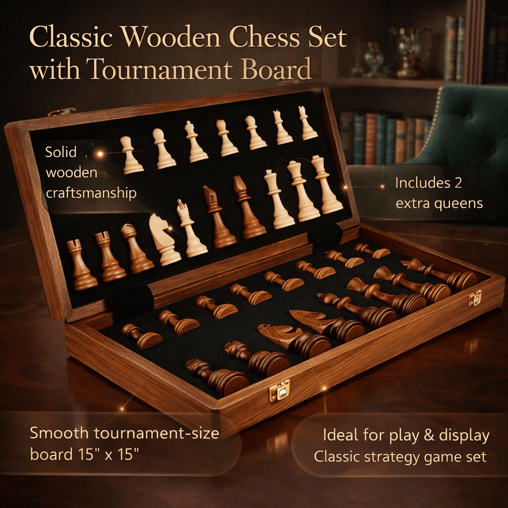 Wooden Chess Set 40cm Tournament Board Strategy Game with Extra Queens