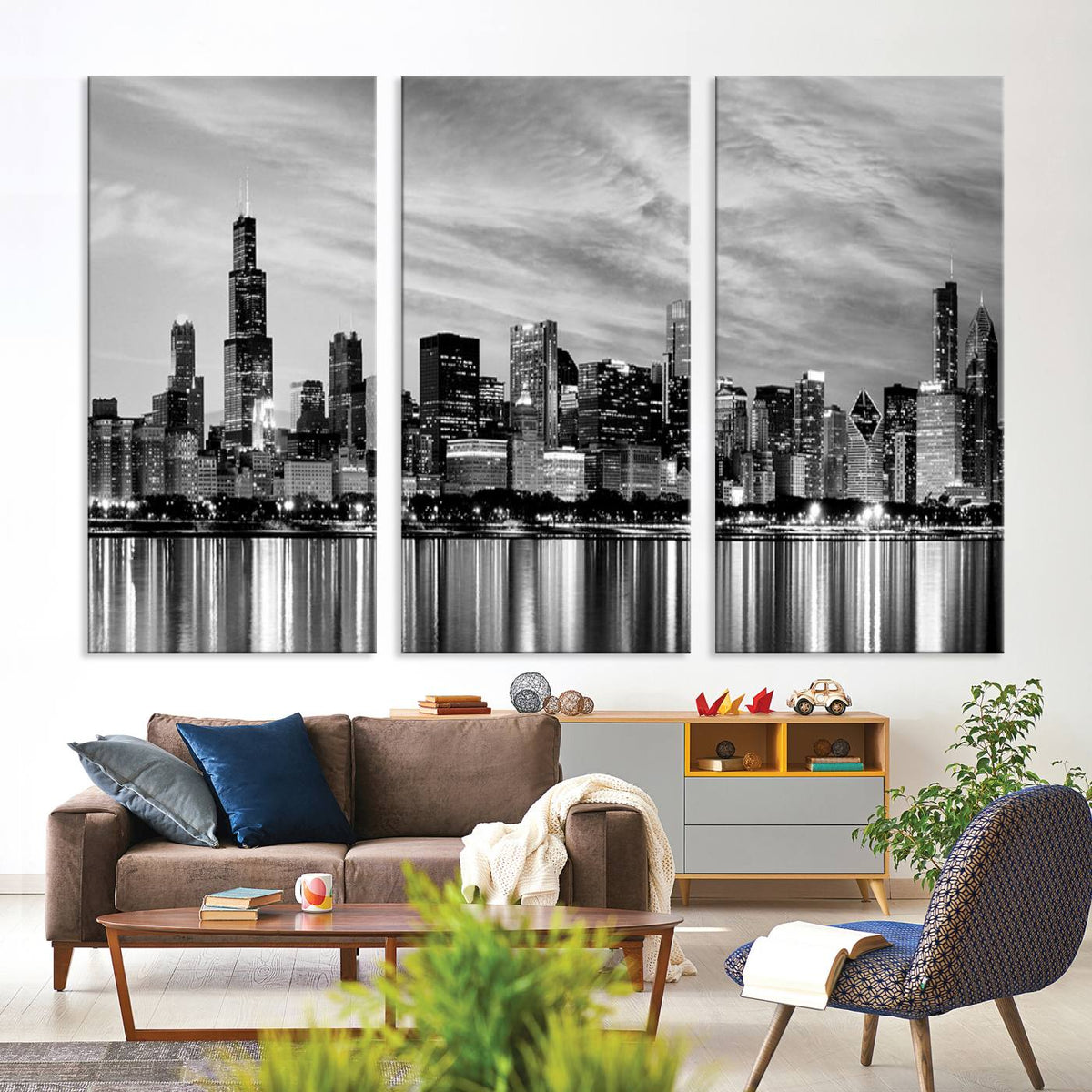 Chicago City Cloudy Skyline Black and White Wall Art