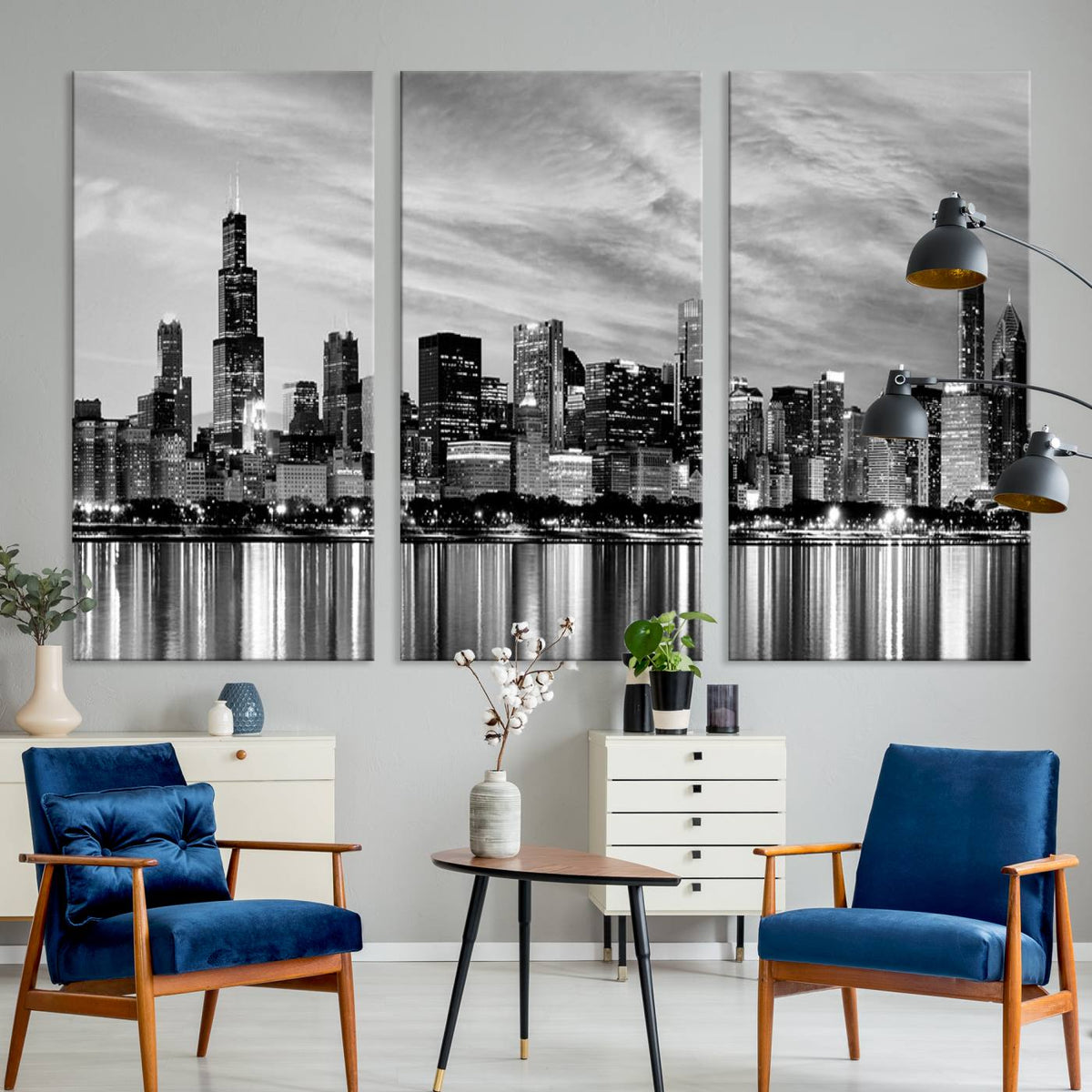 Chicago City Cloudy Skyline Black and White Wall Art