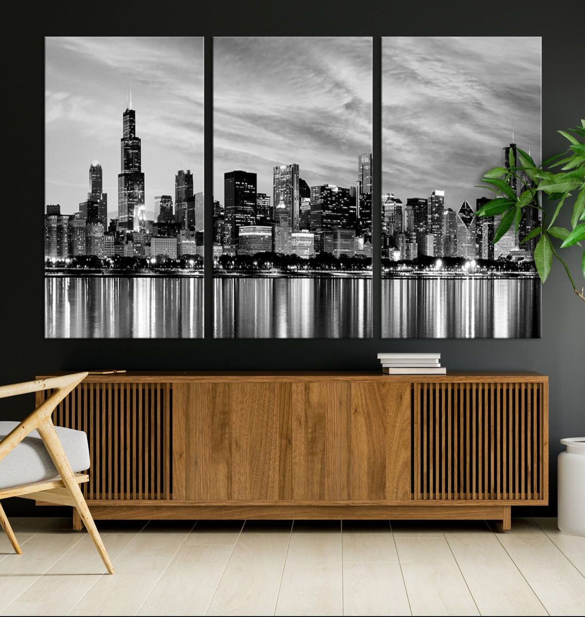 Chicago City Cloudy Skyline Black and White Wall Art